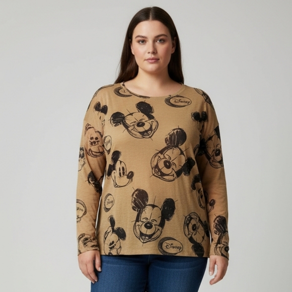 Feierhong Tops - Feierhong Women's Tan Mickey Mouse Long Sleeve Graphic T-Shirt Size Large